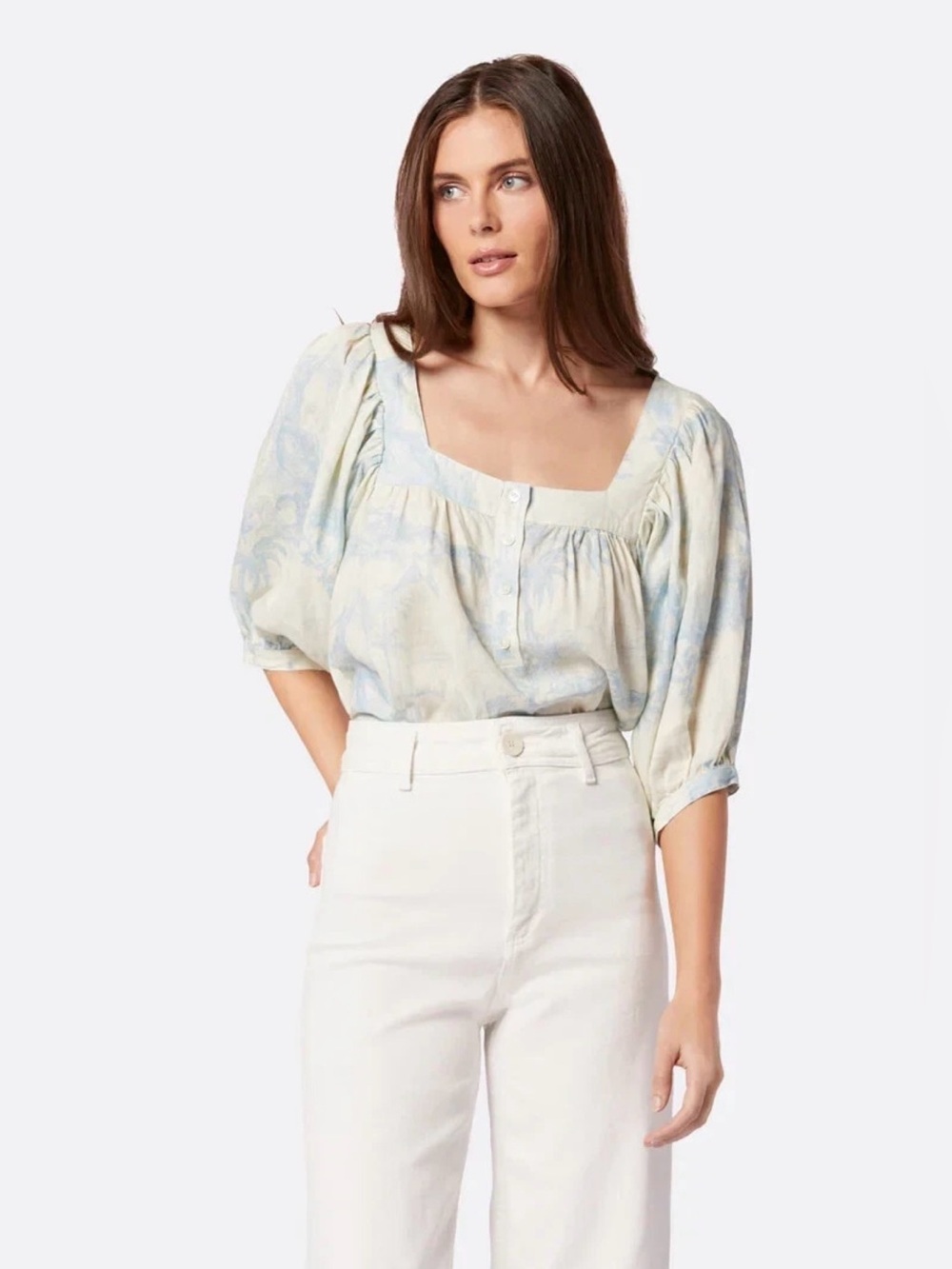 JOIE Leroye Short Puff Sleeve Linen Top Vanilla Ice Dream Blue Size S